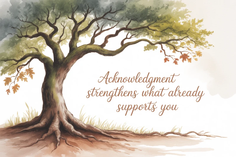 A watercolor tree with strong roots visible beneath soft earth.
Caption: “Acknowledgment strengthens what already supports you.”