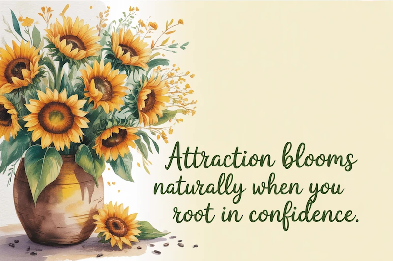 A watercolor bouquet of sunflowers standing tall, faces turned toward the light.
Caption: “Attraction blooms naturally when you root in confidence.”