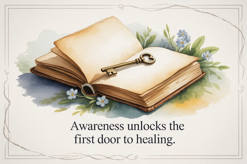 A watercolor of a delicate key resting on an open book bathed in light.
Caption: “Awareness unlocks the first door to healing.”