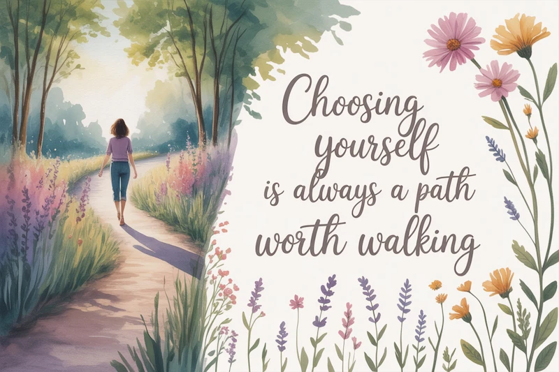 A watercolor of a woman’s silhouette walking down a gentle forest path lined with wildflowers.
Caption: “Choosing yourself is always a path worth walking.”