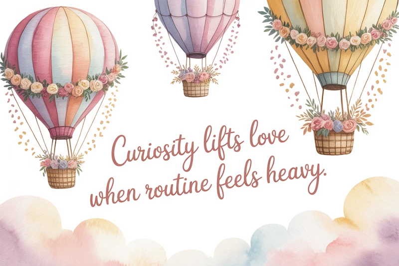 Watercolor hot air balloons drifting playfully across a soft blue sky.
Caption: “Curiosity lifts love when routine feels heavy.”