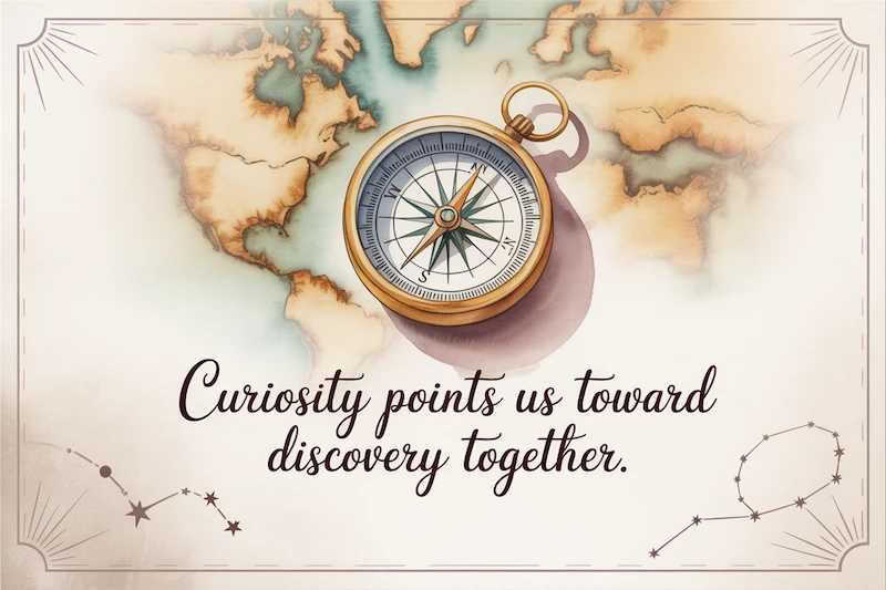 Watercolor compass resting on a softly painted map.
Caption: “Curiosity points us toward discovery together.”