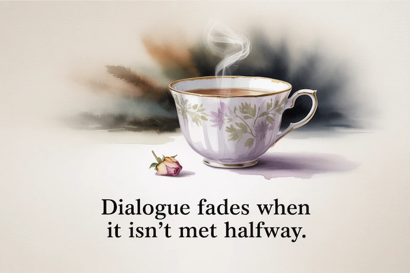 A watercolor of a single teacup steaming in still air.
Caption: “Dialogue fades when it isn’t met halfway.”