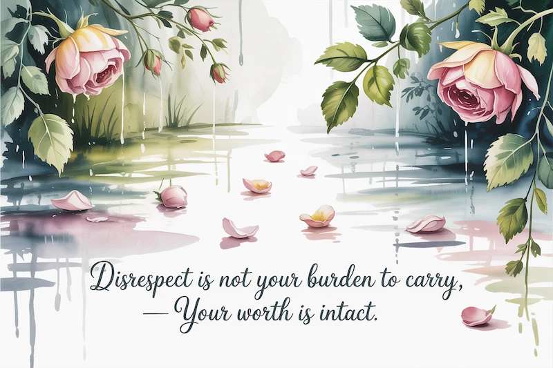 Watercolor of soft rain over a quiet garden, petals gently falling.
Caption: “Disrespect is not your burden to carry — your worth is intact.”