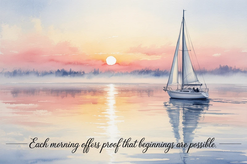 A watercolor of a soft horizon at sunrise, pale pinks and golds washing the sky.
Caption: “Each morning offers proof that beginnings are possible.”