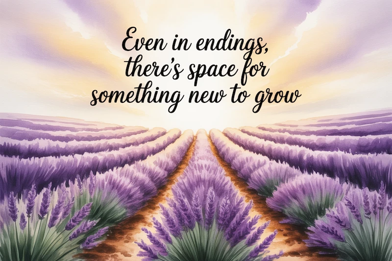 A gentle watercolor of lavender fields fading into a golden horizon.
Caption: “Even in endings, there’s space for something new to grow.”