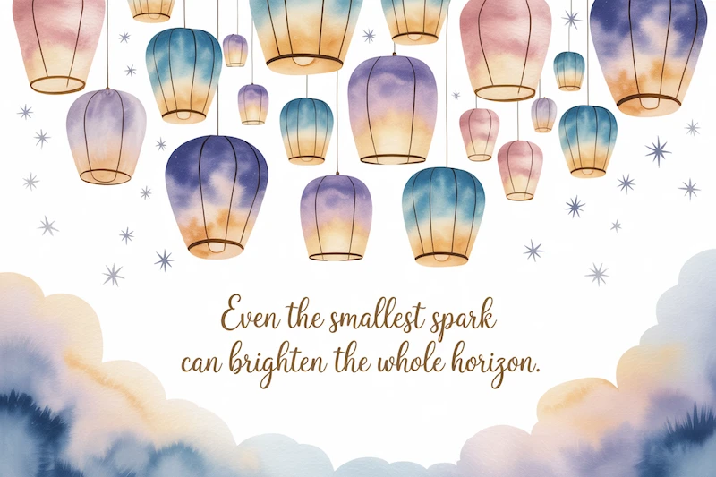 Watercolor lanterns floating into a twilight sky, glowing softly.
Caption: “Even the smallest spark can brighten the whole horizon.”