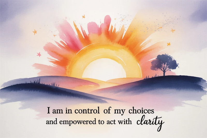 Watercolor sunrise with the text 'I am in control of my choices and empowered to act with clarity'