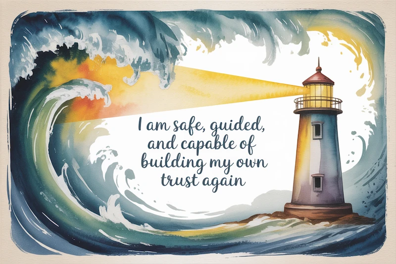 Watercolor of a lighthouse shining across stormy seas, with the text “I am safe, guided, and capable of building my own trust again.”