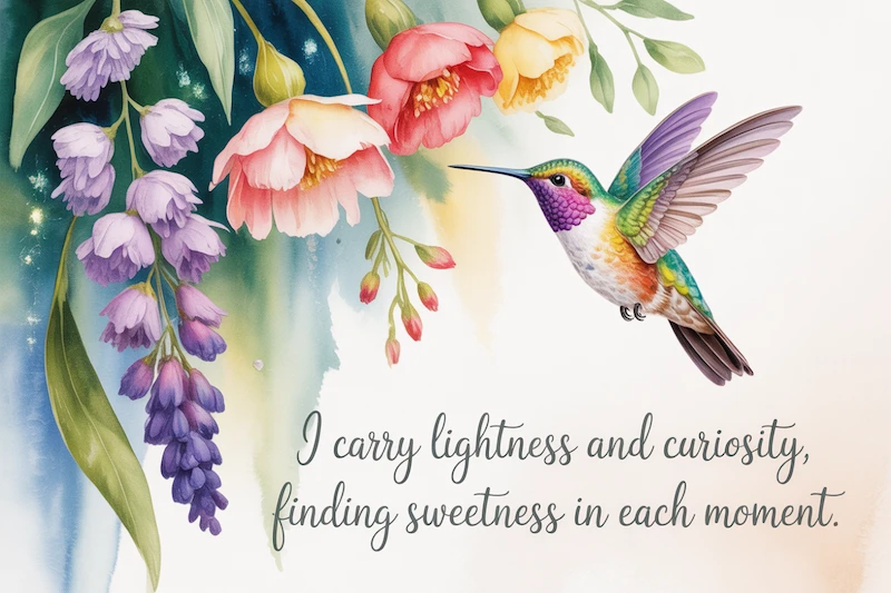 Watercolor of a hummingbird hovering over blooms, with the text “I carry lightness and curiosity, finding sweetness in each moment.”