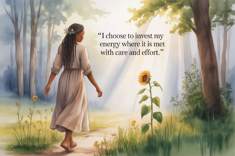 Watercolor of a woman walking toward a sunlit clearing in a misty forest.
Caption: “I choose to invest my energy where it is met with care and effort.”