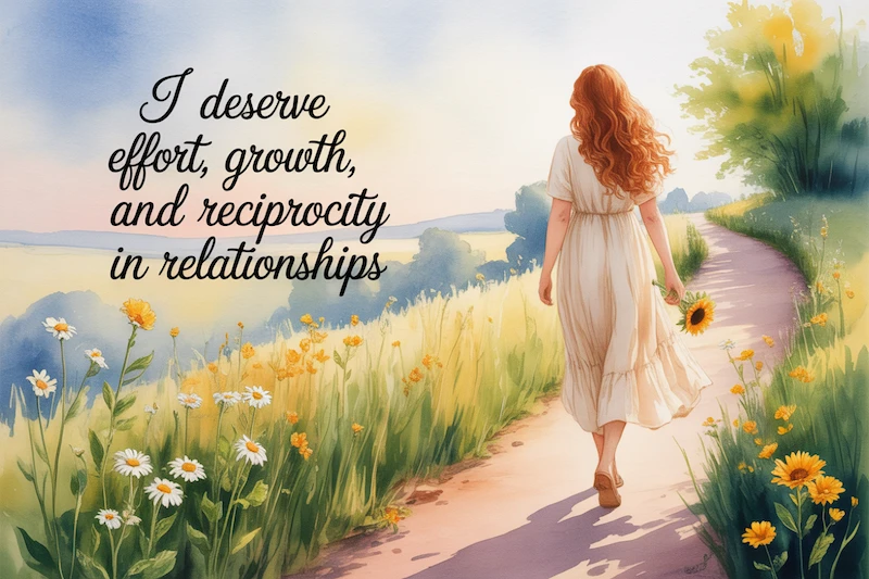 Watercolor of a woman walking along a sunlit path in spring, text reads “I deserve effort, growth, and reciprocity in relationships.”