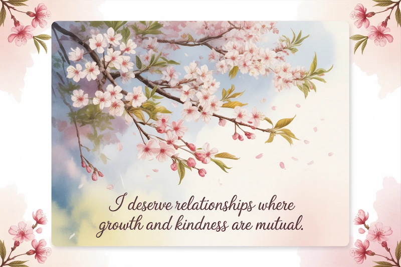 Watercolor of blooming cherry trees in early spring, petals drifting on the breeze.
Caption: “I deserve relationships where growth and kindness are mutual.”