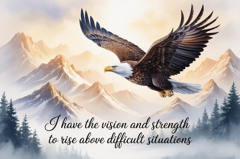 Eagle soaring above the mountains, text reads I have the vision and strength to rise above difficult situations