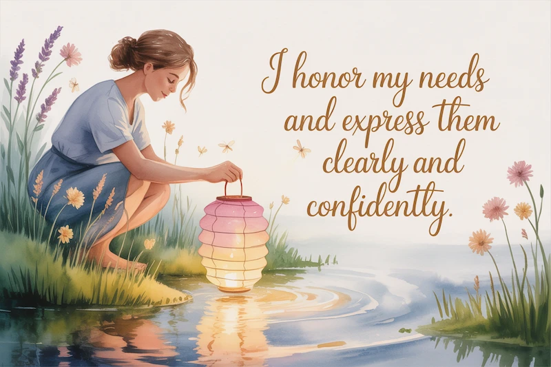 Lady placing a paper lantern on the water with the words 'I honor my needs and express them clearly and confidently'