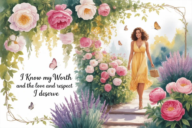 Woman walking in the garden, text begins 'I know my worth'