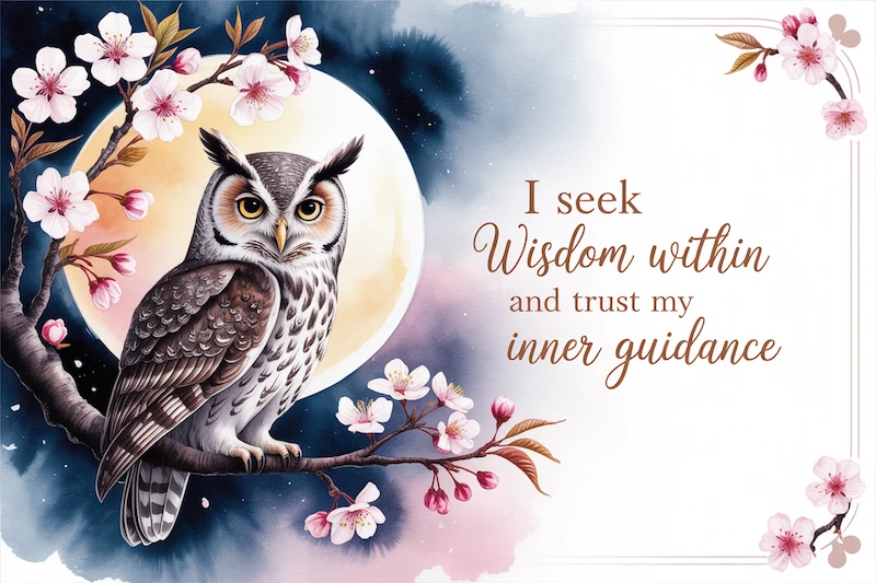 Owl a tree with the quote 'I seek wisdom within and trust my inner guidance'