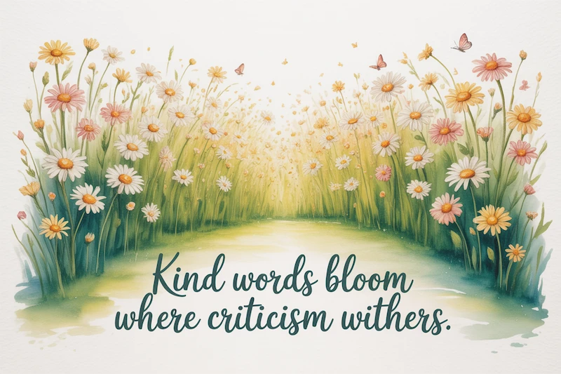 Watercolor daisies blooming in a wide meadow.
Caption: “Kind words bloom where criticism withers.”