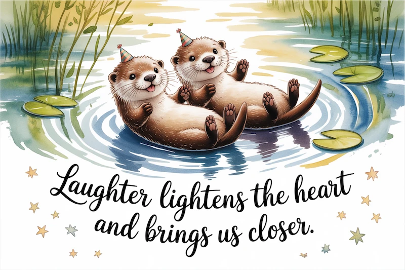 Watercolor of two playful otters floating together on a river.
Caption: “Laughter lightens the heart and brings us closer.”
