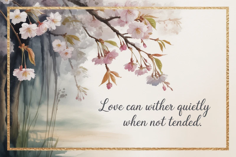 A watercolor of blossoms beginning to fade in a quiet garden.
Caption: “Love can wither quietly when not tended.”