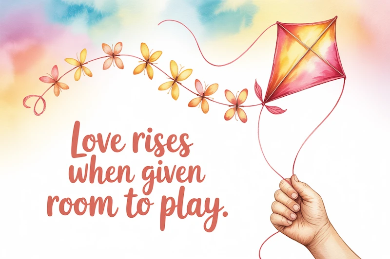 A watercolor kite soaring high, string held gently in hand.
Caption: “Love rises when given room to play.”