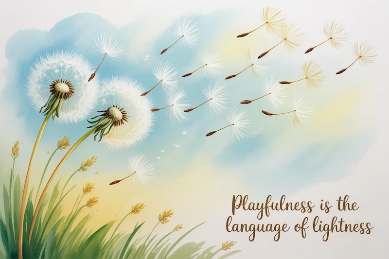 Watercolor dandelion seeds floating freely on the wind.
Caption: “Playfulness is the language of lightness.”