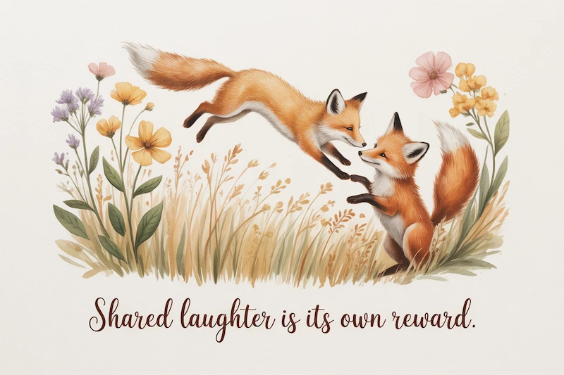 A watercolor pair of foxes tumbling joyfully in tall grass.
Caption: “Shared laughter is its own reward.”