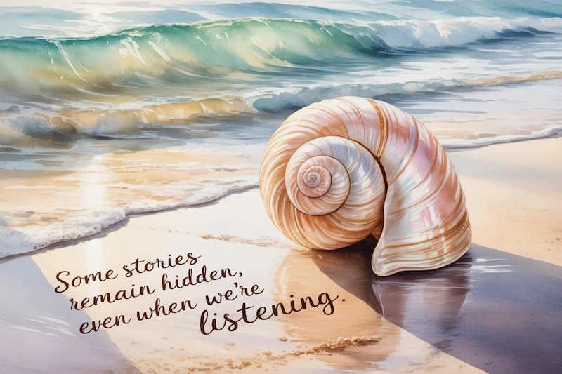 A watercolor of a seashell lying untouched as waves roll past.
Caption: “Some stories remain hidden, even when we’re listening.”