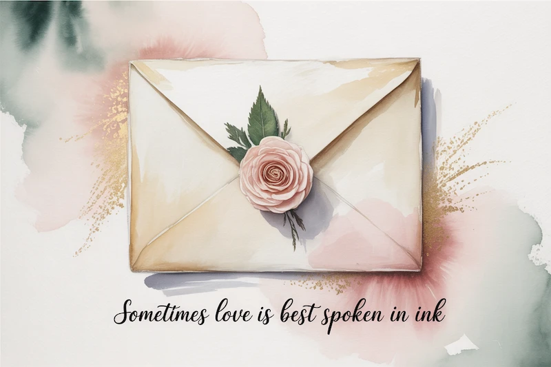 Watercolor of an envelope sealed with a pressed flower.
Caption: “Sometimes love is best spoken in ink.”