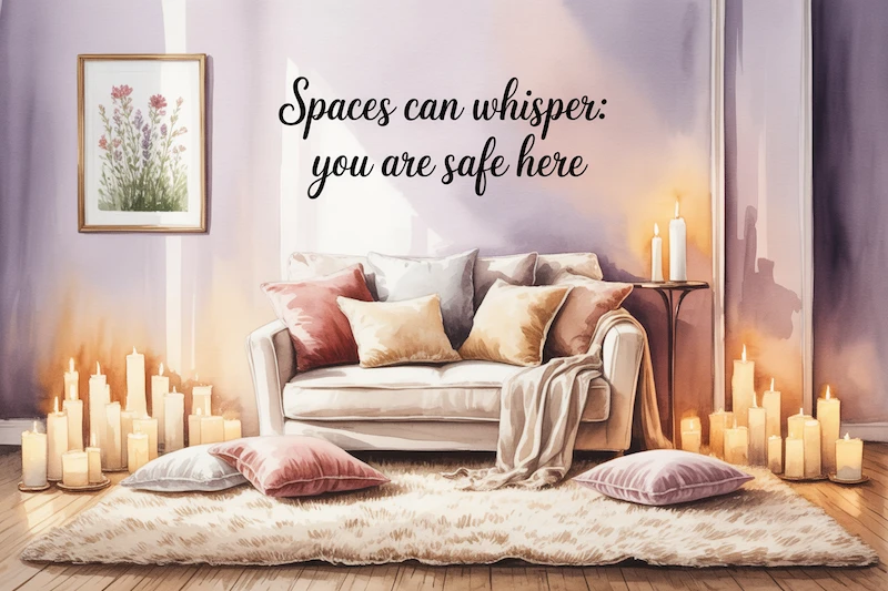 Watercolor cozy room lit by candles with pillows and a warm rug.
Caption: “Spaces can whisper: you are safe here.”