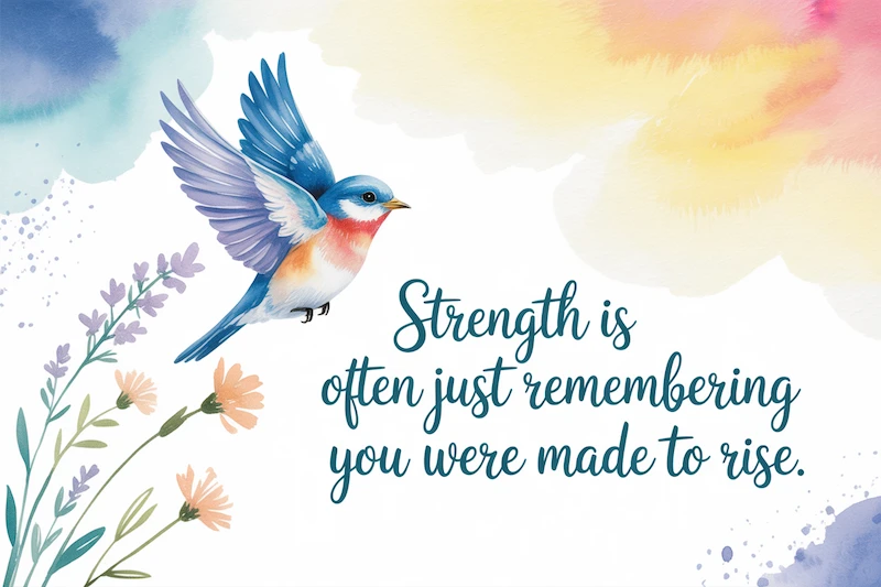 A watercolor of a bird in mid-flight, wings spread against a soft blue sky.
Caption: “Strength is often just remembering you were made to rise.”