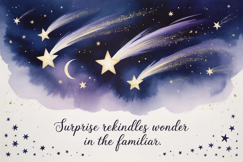 Watercolor shooting stars streaking across a midnight sky.
Caption: “Surprise rekindles wonder in the familiar.”