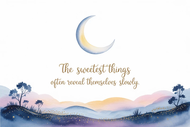 Watercolor crescent moon rising above a twilight horizon.
Caption: “The sweetest things often reveal themselves slowly.”
