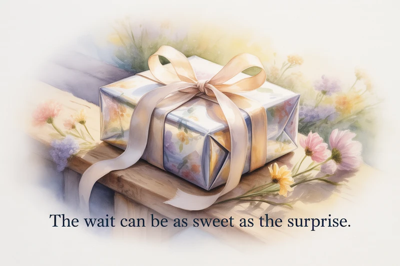 Watercolor wrapped gift with a delicate ribbon, glowing in soft light.
Caption: “The wait can be as sweet as the surprise.”