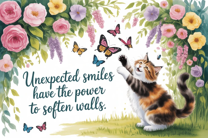 Watercolor cat playfully batting at butterflies in a sunny garden.
Caption: “Unexpected smiles have the power to soften walls.”