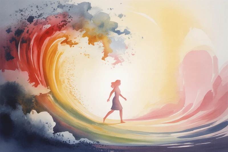 Watercolor waves crashing over a woman as she battles with regret over thoughts of leaving her husband