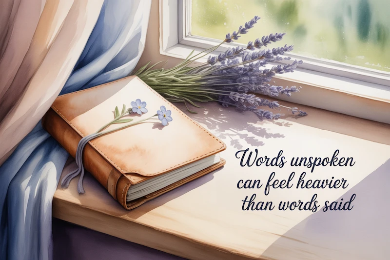 A watercolor of a closed journal on a windowsill, soft light streaming in.
Caption: “Words unspoken can feel heavier than words said.”
