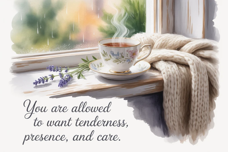 Teacup on a windowsill with the rain falling gently outside, the words "You are allowed to want tenderness, presence and care" next to it