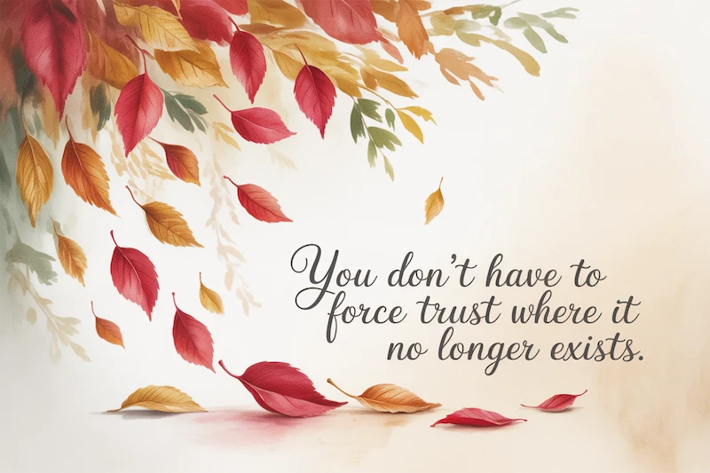 Watercolor of autumn leaves drifting slowly to the ground, text reads “You don’t have to force trust where it no longer exists.”