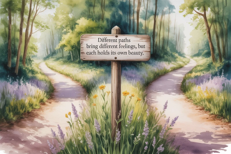 A fork in the road in the forest with a sign saying 'Different paths, different emotions'
