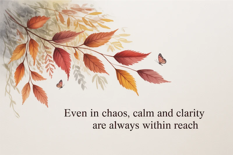 Autumn leaves with text that reads 'Even in chaos, calm and clarity are always within reach'