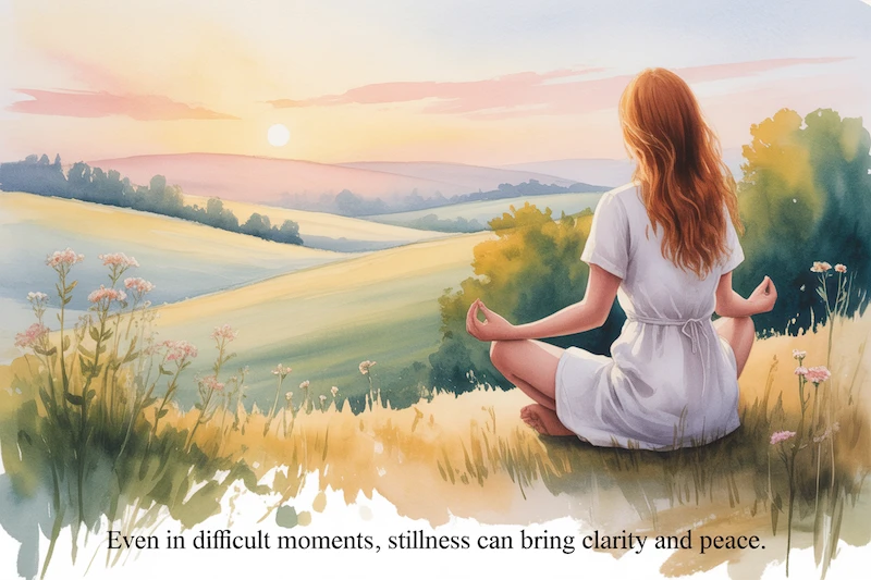 Woman sitting looking across the fields, text says 'Even in difficult moments, stillness can bring clarity.'