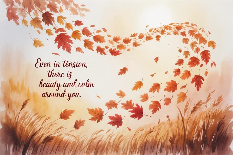 Leaves moving in the wind with the text 'Even in tension there is beauty and calm around you'