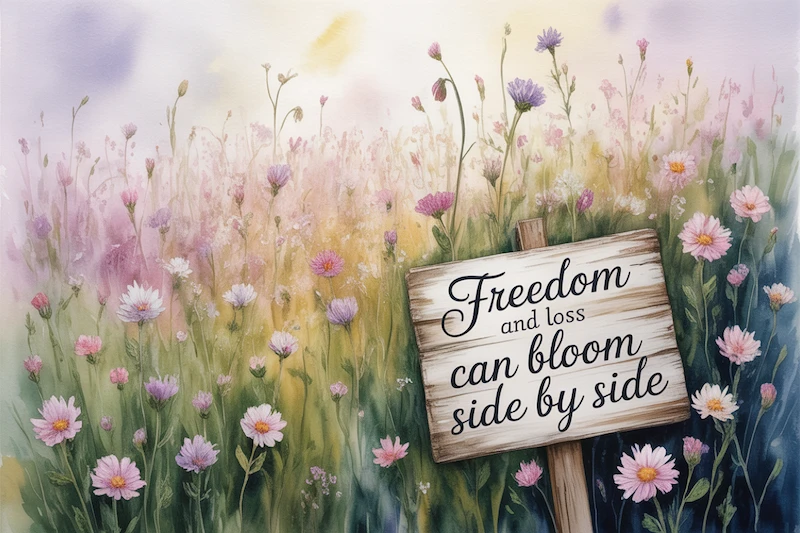 A field of wild flowers with a saying that Freedom and loss can bloom side by side