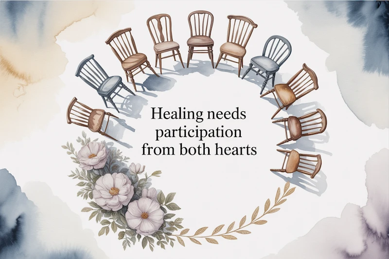 Watercolor circle of empty chairs, text reads “Healing needs participation from both hearts.”