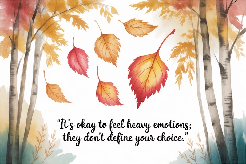 Watercolor autumn leaves drifting softly from tall trees. Text says : “It’s okay to feel heavy emotions; they don’t define your choice.”