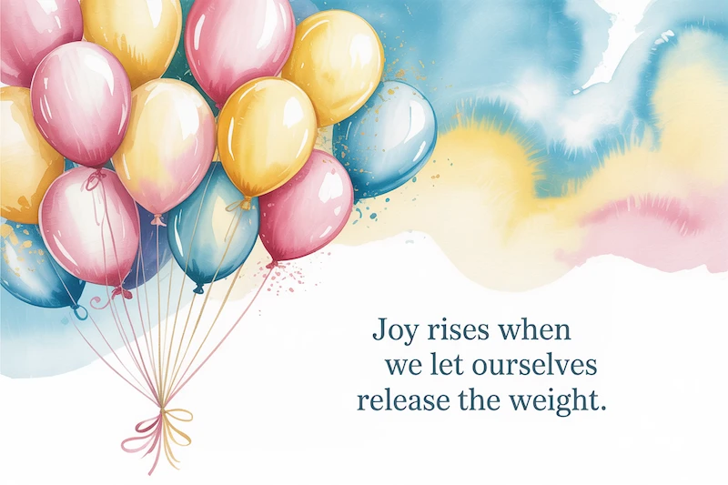 Soft pastel watercolor balloons floating up with the text 'Joy rises when we let ourselves release the weight'