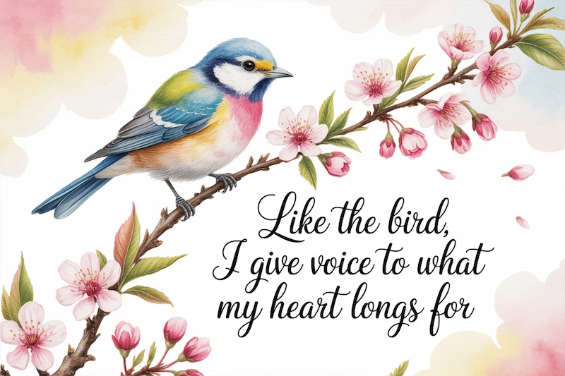 Bird sitting on a branch with the text "Like the bird I give voice to what my heart longs for"