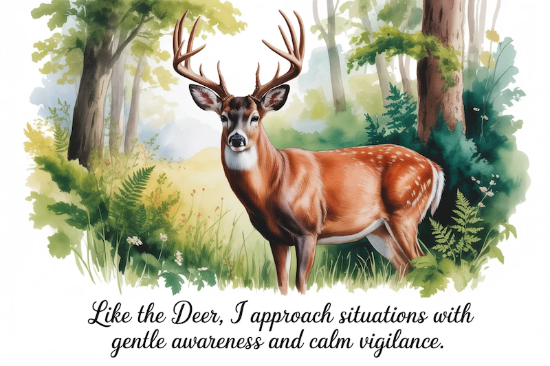 Husband yells at you - Watercolour of a deer in the forest with the words 'Like the deer, I approach situations with gentle awareness and calm vigilance.'