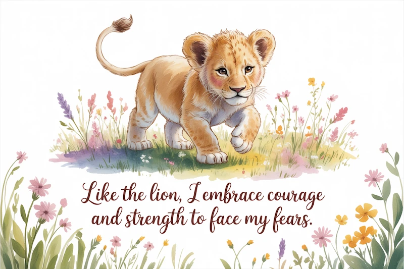 Watercolor of a lion cub with the qupte 'Like the lion I embrace courager and strength to fear my fears'